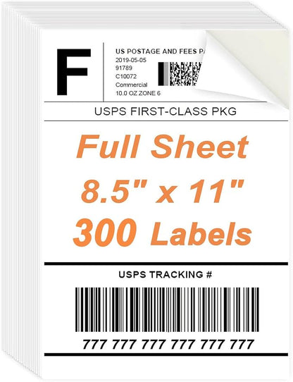 8.5" x 11" Sticker Paper for Inkjet Printers - 300 Sheets Full Sheet Shipping Labels Printable Full Page Labels 8.5×11 White Sticker Paper for Laser Printing - Matte