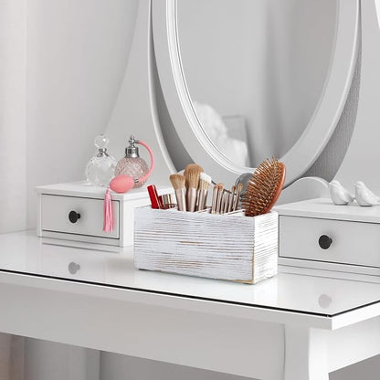 Pencil Pen Holder for Desk, White Washed Wood Office Desk Organizers and Accessories with 4 Slots for Countertop, Makeup Brush Holder Organizer for Bathroom Vanity, Silverware Caddy for Party