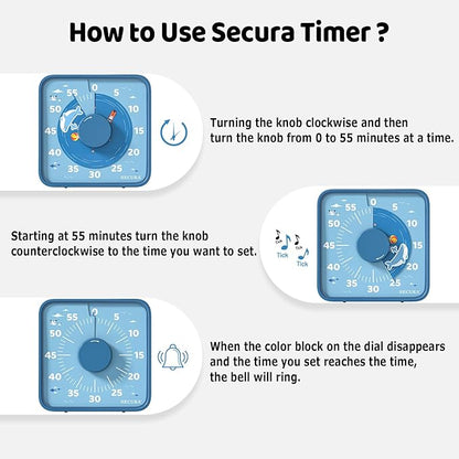 Secura 7.5-Inch Animal Pattern Visual Timer for Kids, 60-Minute Countdown Timer for Classroom or Kitchen, Durable Mechanical Timer Clock with Magnetic Backing (Blue)
