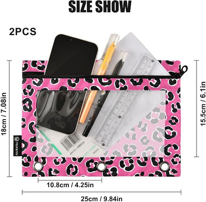 Emelivor Leopard Pink Pencil Pouch for 3 Ring Binder 2 Pack Binder Pencil Pouches Zippered Clear Pencil Case Cosmetic Bag for Storing College Office Supplies