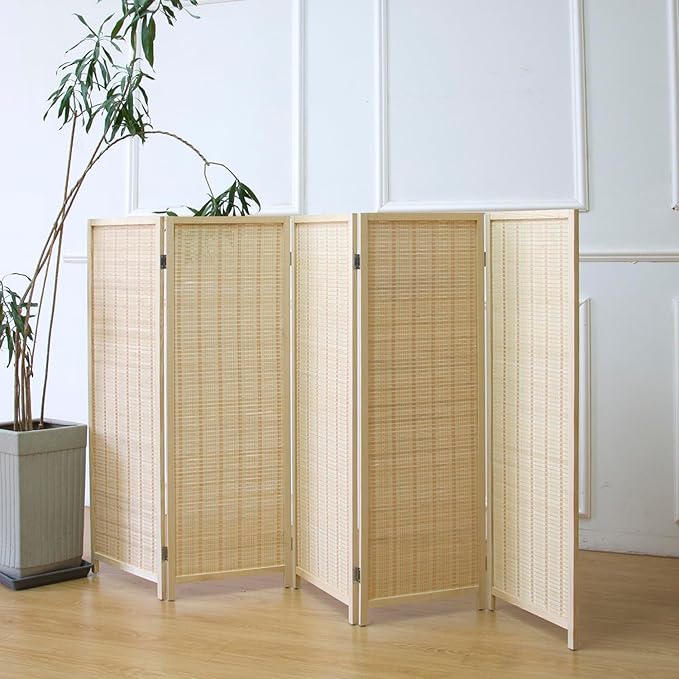 Furnnylane 5 Panel Short Room Divider Screen,Beige Freestanding Partition,Small Bamboo Panel Divider for Room Seperation,3.95 FT Tall