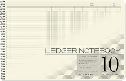 BookFactory Accounting Ledger Notebook/Large 10 Column Accounting Ledger Columnar (Ten Columns) Log Book - 17'' x 11'', 100 Pages, Wire-O Landscape Format (Made in USA)