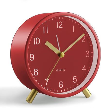 Analog Alarm Clock, 4 inch Super Silent Non Ticking Small Clock with Night Light, Battery Operated, Simple Design, easy setting for Office, Bedroom, Bedside, Desk, teens, elders, kids, adult, Red