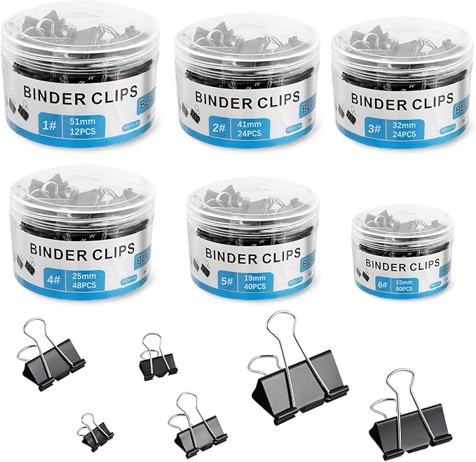 208 PCS Binder Clips Paper Clamps Assorted Sizes, Metal Paper Binder Clip, Black Binding Paperwork Clamp Bulk, School Teachers Office Supplies
