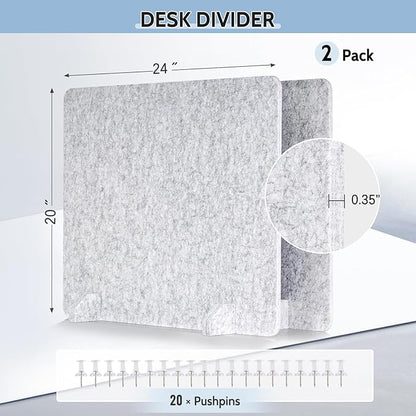 AMUSIGHT 2 Pack Acoustic Desk Dividers - 24" x 20" Freestanding Privacy Panels Set with Noise - Reducing Design Cubicle Sound Proof, Ideal for Office, Classroom, and Home (Silver Gray)