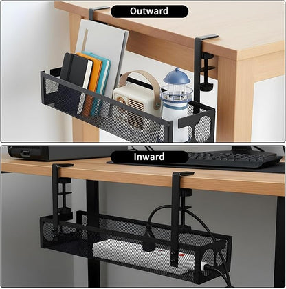 2 Pack Under Desk Cable Management Tray, 15 Inch No Drill Metal Mesh Organizer with Hybrid Side Slots, Wire Holder Storage Rack for Office Home Desk