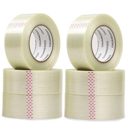 CHUANGSEED 6-Pack Mono Filament Strapping Tape 6.2mil x 2Inch x 60yds Commodity Grade Heavy Duty Transparent Reinforced Fiberglass Tape