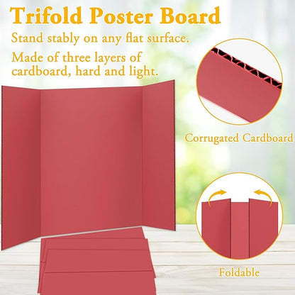 AKONEGE 4PCS Medium Trifold Poster Board 26" x 16" Red Tri Fold Presentation Boards, Corrugated Cardboard Picture/Project Display Boards for Event, Exhibition, Business, School Project, Science Fair