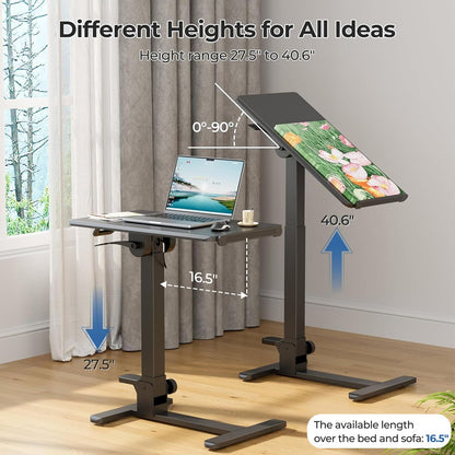 Foldable Mobile Standing Desk, 27 Inch Small Rolling Laptop Cart Height Adjustment, 90° Tiltable Sofaside Table, No Assembly Needed Portable Computer Workstation, Black