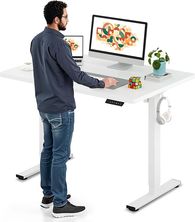 SANODESK Electric Standing Desk 48 x 30 Inches Whole-Piece Desktop Height Adjustable Stand Up Desk w/6-Button Controller Ergonomic Computer Desk for Home Office, White Frame + White Tabletop