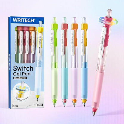 WRITECH Switch Gel Ink Pens: 0.5mm Black Ink Pen Retractable Silent and Clicky Soft Grip Fine Point Pen for Journaling Smooth Writing Quick-dry No Bleed 5ct
