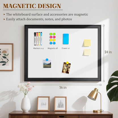 Large White Board for Wall, 36'' x 24'' Magnetic Dry Erase Board, Decorative Whiteboard, Black Vintage Wooden Frame