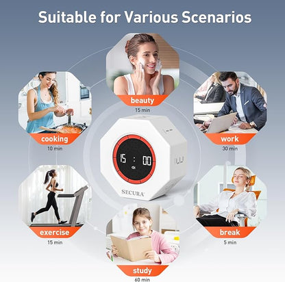 Secura Pomodoro Timer, Rotating Cube Time Tracker, Flip Gravity Sensor with 7 Presets(1/3/5/10/15/30/60 Minutes), Visual Progress Bar for ADHD, Kids, Tasks, Work, Study (White)