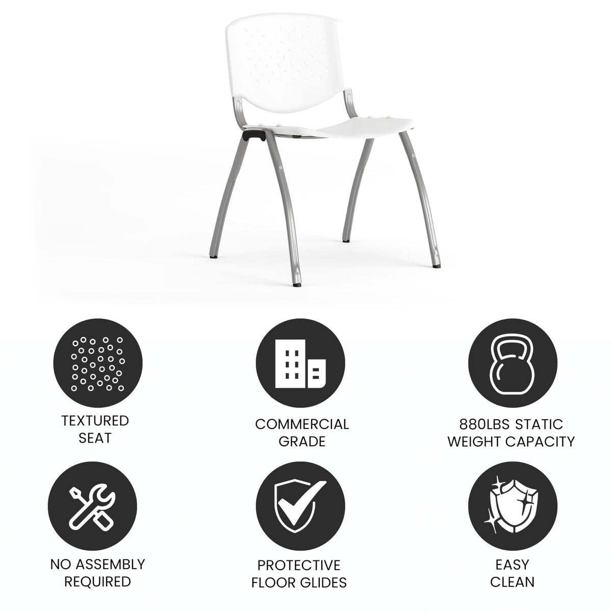 880 lb. Capacity White Plastic Stack Chair with Titanium Gray Powder Coated Frame