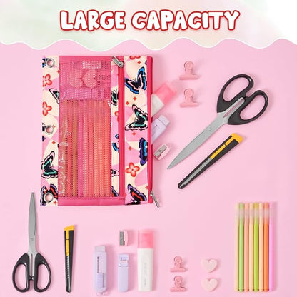 WAWSAM Butterfly 3 Ring Pencil Pouch, Zipper Pencil Pouch for Girls | 2 Pocket Clear Window Pencil Case, Pencil Pouch for 3 Ring Binder, Pencil Bags for School Supplies, Office, College