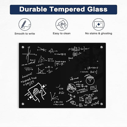 Black Dry Erase Board, 24" x 18" Magnetic Glass Whiteboard for Wall, Black Glass White Board with 1 Marker Tray and 3 Magnets for Office, Home, Classroom