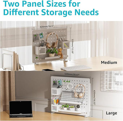 PEGZONE Clamp-on Desk Pegboard, Desk Organizer for Office Gaming Home, Magnetic Metal Peg Board with 15 Accessories, Privacy Panel for Office, 20.4" x 16.5", Large, White