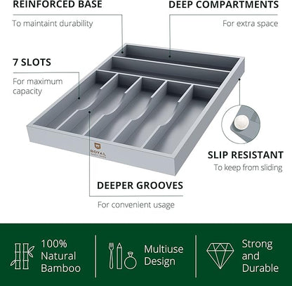 ROYAL CRAFT WOOD Luxury Bamboo Kitchen Drawer Organizer - Silverware Organizer - Utensil Holder and Cutlery Tray with Grooved Drawer Dividers for Flatware and Kitchen Utensils (7 Slot, Gray)