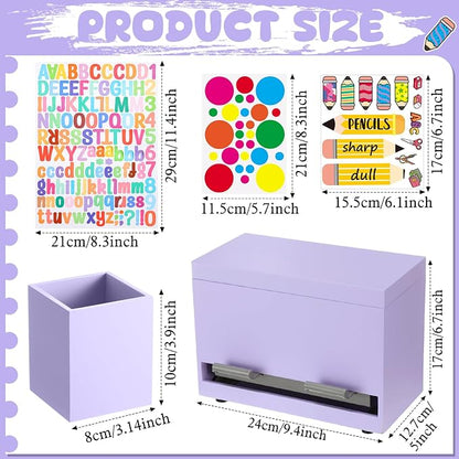 Mifoci Wooden Pencil Dispenser Kit for Classroom Wooden Pen Holder Straw Dispenser Sharp and Dull Letter Stickers for Teachers Classroom Supplies Storage(Light Purple)
