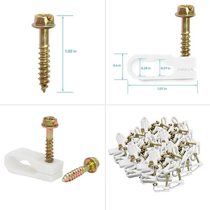 STEREN Coaxial Cable Clips - Cable Holder - Wire Clips - Siding Clips for Hanging - Cord Holder for Desk - Cable Clamps (White, 100 Count - Dual Screw)