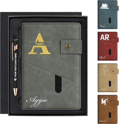 ENOMY Personalized Notebook & Pen Set PU Leather Custom A5 Notebook with Lock 200 Lined Paper Pages Luxury Gift Box for Men Women Travel College Business Gift, Gray