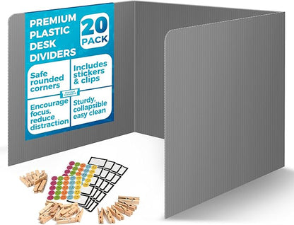 20-Pack Desk Dividers for Students - Durable & Waterproof Plastic Privacy Shield Divider, Classroom Folders Teacher Supplies, Easy-to-Clean Plastic Study Carrel Folder Boards for Student Desks, Grey
