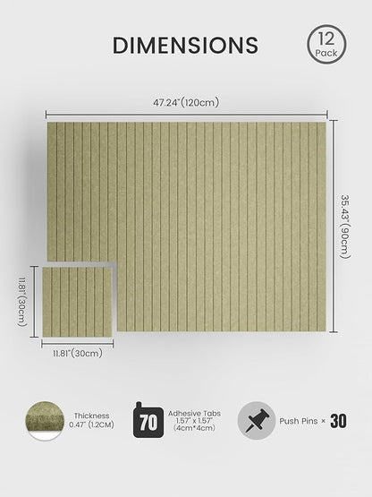Bumusty Large Felt Bulletin Board 48" x 36" Cork Board Alternative-12 Pack with 70 Safe Removable Adhesive Tabs, Cork Boards for Walls Cork Board for Home Office Classroom Pin Board (Olive Green)