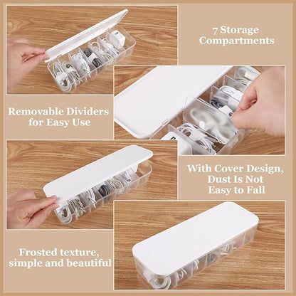 Cable Organizer Box with Lid, 3 Pcs Cable Cord Storage Organizer Box with 21 Wire Ties 54 Cable Labels, 7 Compartments Charger Organizer for Office Drawer Desk Accessories Case