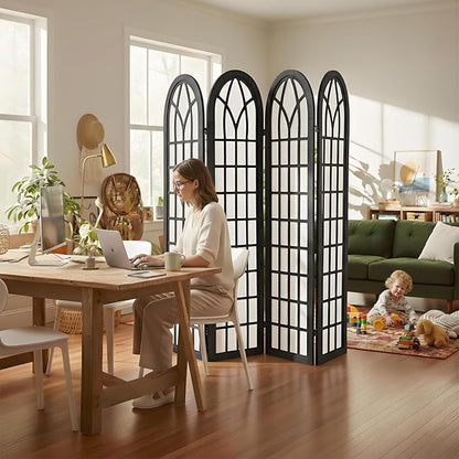 Asnefeli Room Divider 4 Panel, Japanese Shoji Privacy Screen for Bedroom Home Office Separation, Folding Wood Partition Wall, 5.6 Ft Black Decor