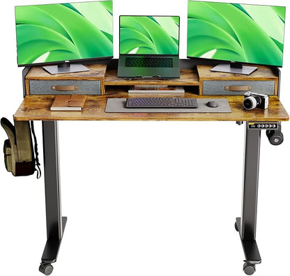 Claiks Standing Desk with Drawers, Stand Up Electric Standing Desk Adjustable Height with Storage Shelf and Splice Board, 48 Inch, Rustic Brown