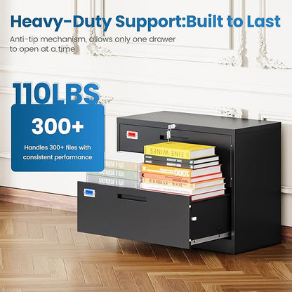PEUKC 2 Drawer File Cabinet, Lateral Filing Cabinets for Home Office, Office Storage Drawers with Lock, Hanging Files Legal/Letter A4 Size (Assemble Required,Black)