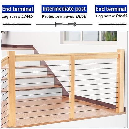 50 Pack Cable Railing Protector Sleeves for 1/8” Deck Railing System, Black Cable Railing Kit Hardware for Wood Post, T316 Stainless Steel Marine Grade DB58