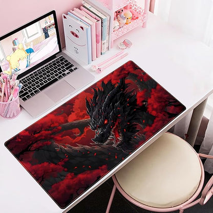 Huge Dragon Large Mouse Pad - Red and Black Mousepad, Big Full Keyboard and Mouse Pad with Stitched Edges, Anti-Slip, Funny Desk Pad, 31.5 X 15.8 in.