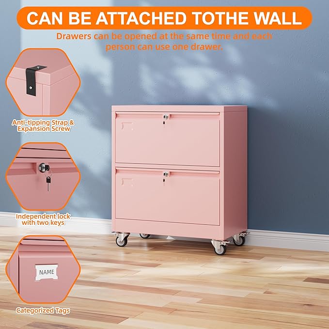 METAN Upgrade 2 Drawers Lateral File Cabinet on Wheels,Steel Office Filing Storage Cabinet with 2 Locks,Assembly Required,Pink