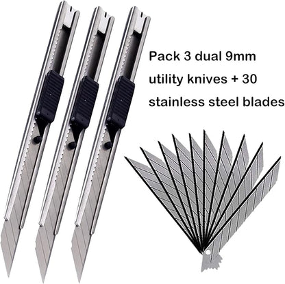WEKOIL 9mm Snap Off Utility Knife 3 Pack High Hardness Retractable Box Cutters with 30 Pcs Snap Off Blades,Art Craft Hobby Cutter 9mm Knife for Home Office Workstation