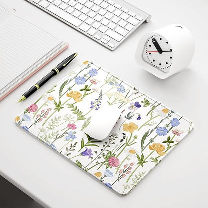 Auhoahsil Mouse Pad, 12 x 10 in Simple Flower Theme Computer Mouse Pad for Desk, Premium-Textured Non-Slip Rubber Stitched Edges Waterproof Square Mouse Mat for Gaming Work Wireless Mice, White