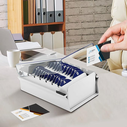 Acrimet Index Business Card Size File Holder Organizer Box Metal Base Heavy Duty (AZ Index Cards and Divider Included) (White Color with Clear Crystal Plastic Lid Cover)