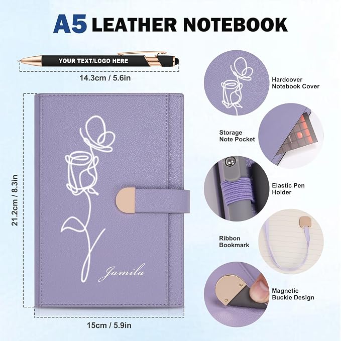 Lined ENOMY Personalized Notebook Set with 10PC Pens Custom Journal with Pen Holder Personalized Jouring Notebook for Writing Men Women Gift, Pink