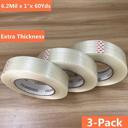 CHUANGSEED 3Pack Mono Filament Strapping Tape 6.2mil x 1Inch x 60yds Commodity Grade Heavy Duty Transparent Reinforced Fiberglass Tape
