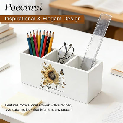 Inspirational Golden Sunflower Pen Holder for Home Office Desk, When You Can't Find the Sunshine Be the Sunshine Motivational Wooden Box Sign Pencil Holder for Desk Shelf Organizer