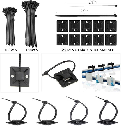 ELII 328Pcs Cable Management Kit, 8 Magnetic Cable Holder,69Adhesive Cable Clips,4 Cable Sleeve Split,22Reusable Cable Strap,200 Nylon Cable Zip Ties with 25 Mounts TV Office (Black)