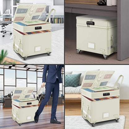 DocSafe Fireproof Document Box with Lock,2-Layer File Box with Wheels,Collapsible File Storage Organizer with Pockets,Large Portable Office Filing Cabinet for Hanging Folders,Beige,16''x13.8''x12.2''
