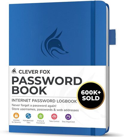 Clever Fox Password Book with alphabetical tabs. Internet Address Organizer Logbook. Small Pocket Password Keeper for Website Logins (Royal Blue)