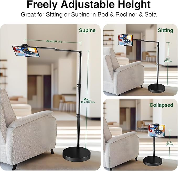 elitehood Adjustable Tablet Floor Stand with Heavy Duty Base, 24in Horizontal Long Arm iPad Floor Stand Holder for Bed Recliner Sofa, Compatible with iPad mini Air Pro 13/12.9 and 4.7-13in Devices