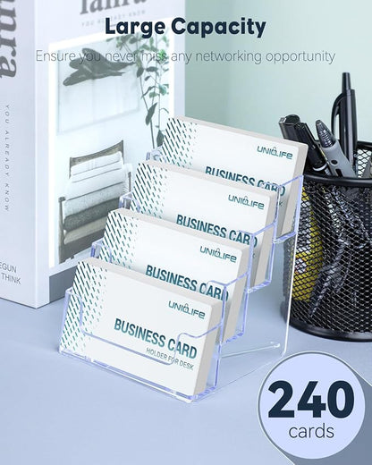 Uniclife 4 Pack Acrylic Business Card Holder for Desk 4 Slots Clear Business Card Display Stand for Men & Women Desktop Business Card Organizer Card Stand for Office Home Exhibition, 240 Card Capacity