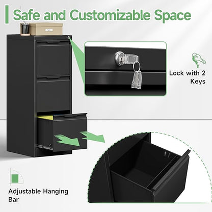 3-Drawer File Cabinet with Lock,Metal Vertical Filing Cabinets for Home Office,Under Desk File Cabinets for Letter/Legal/A4 Size Files,Easy Assemble,Black