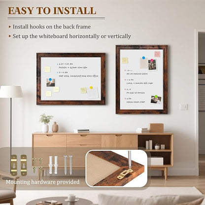 White Board for Wall, 24'' x 18'' Magnetic Dry Erase Board, Decorative Whiteboard, Brown Vintage Wooden Frame