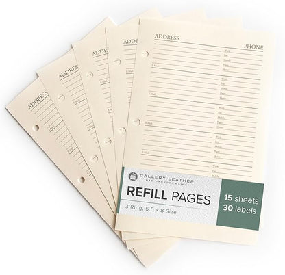 Gallery Leather Address Book Refill Replacement Pages - 3 Ring 5.5 x 8 Size, 15 Sheets, 30 Pages for 180 Entries, Quick and Easy Contact Storage and Updates