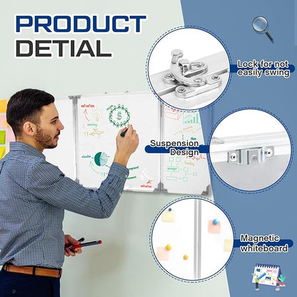 48” x 18” Foldable Whiteboard Dry Erase Board Large Tri Folding Whiteboard Magnetic Dry Erase Board, Wall Aluminium Frame and Flip Out Pen Tray for Office, Home