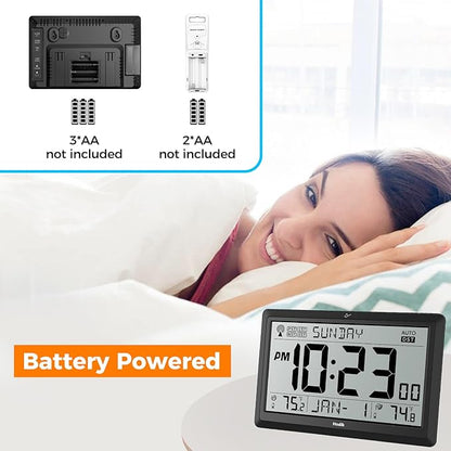 Wall Clock Atomic with Indoor Outdoor Temperature Battery Powered, Easy Reading with 10.5 Inch Large LCD Display, 330FT Range Table Wall Clock with DST, 12/24 Hour for Living Room Kitchen (Black)